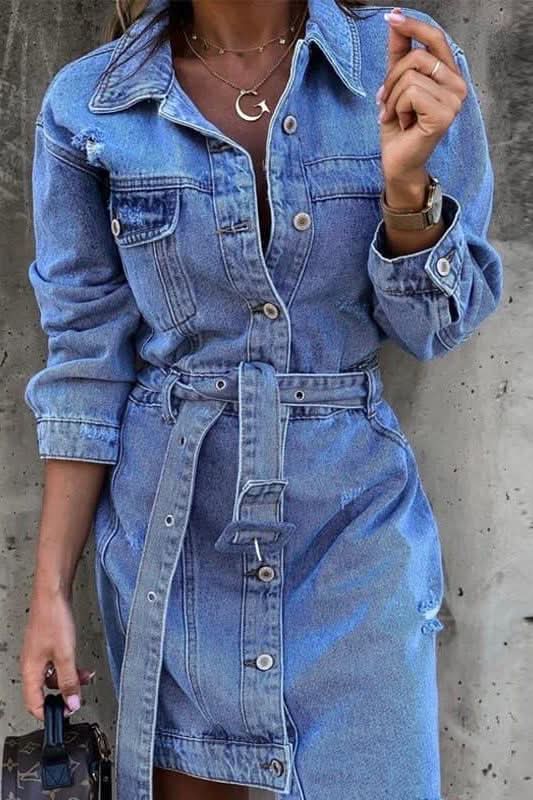 Denim belt pocket slim dress - Side View