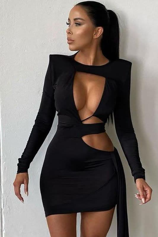 Hollow stitching shoulder pad dress - Side View