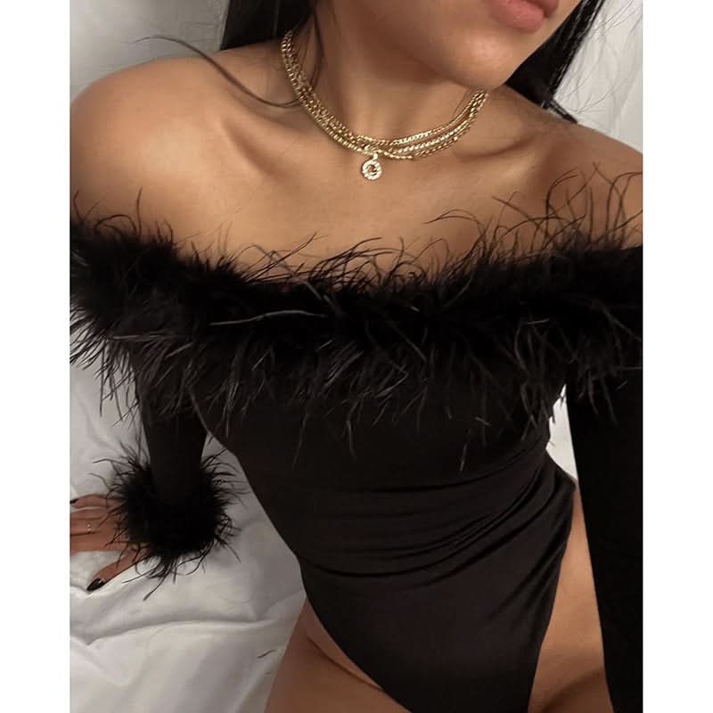 Slim Hairy One-shoulder Long-sleeved bodysuit - Image 5