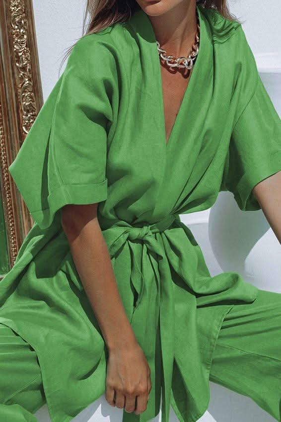 Cotton linen short-sleeved two-piece suit - Side View
