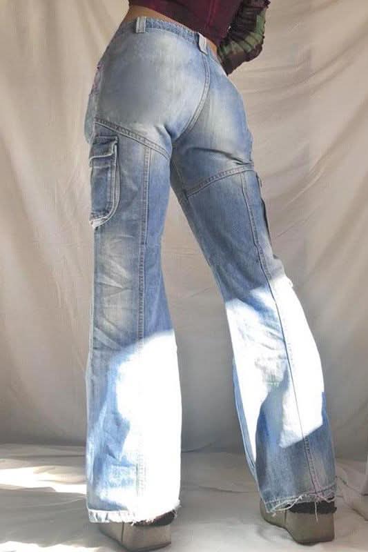 American washed multi-pocket jeans pants - Detail