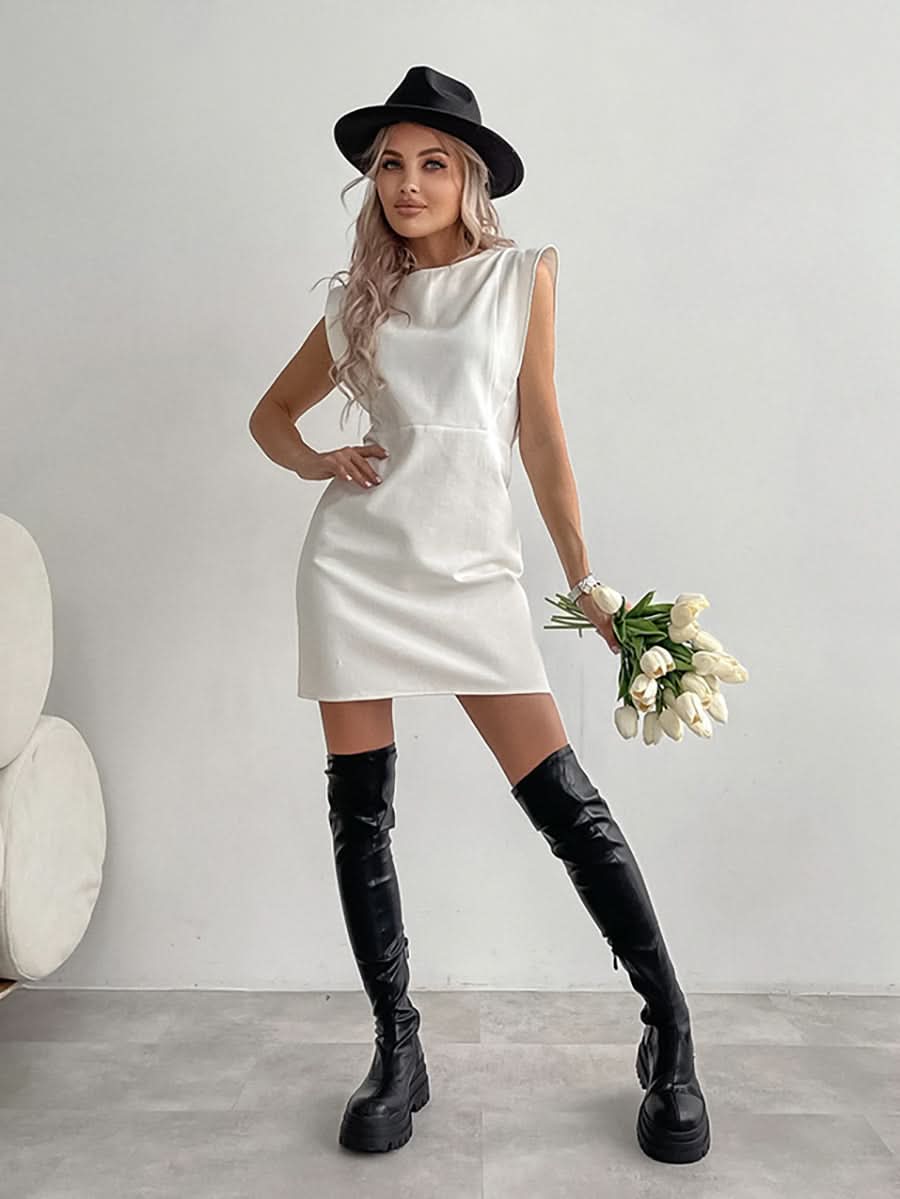 Cotton white sleeveless simple dress - Front View