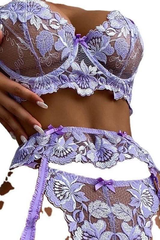 Purple lace garter belt three-piece set - Image 5