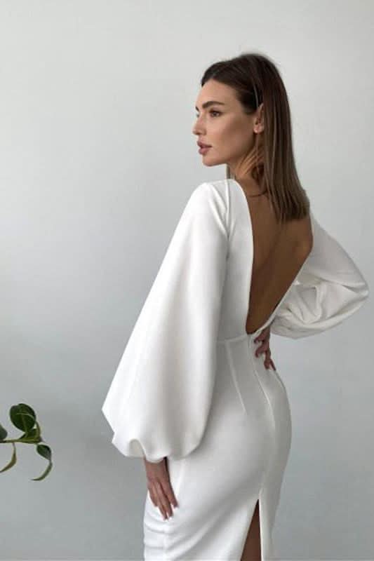 Lantern sleeves bag hip slim mid dress - Side View