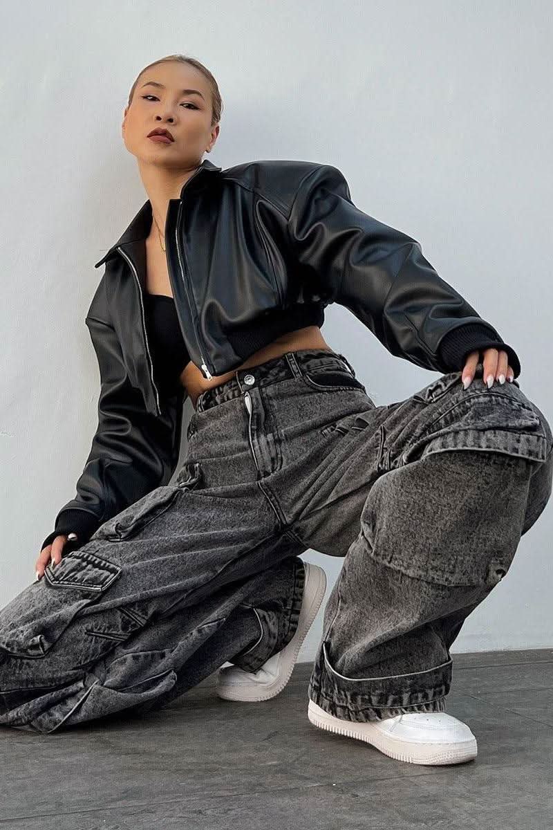 American Black motorcycle style short jacket - Side View