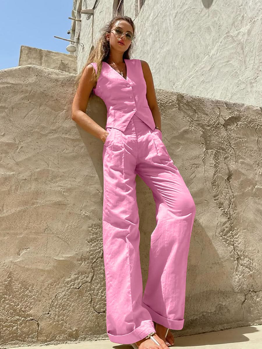 Cotton Linen Sleeveless Vest Suit - Front View