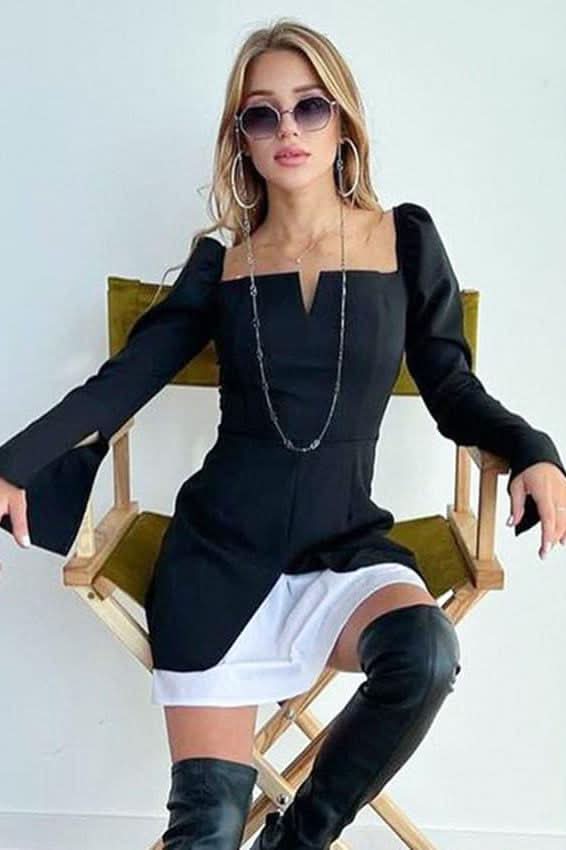Puff sleeves square neck slits dress - Detail