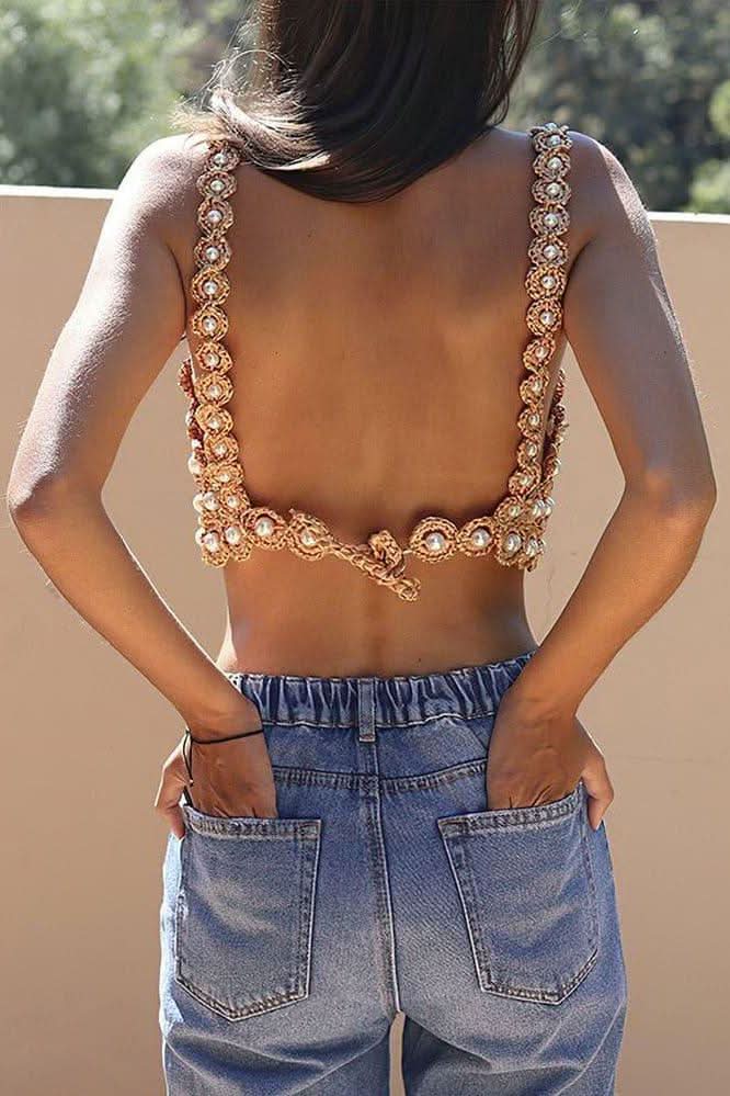 Hand-crocheted sleeveless beaded slim top - Detail