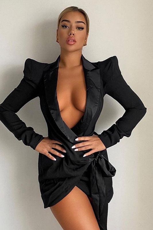 Deep V Suit Collar Long Sleeve Tie Dress