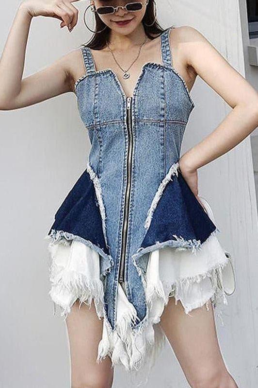 Lotus Leaf Stitching Slim Blue Denim Dress