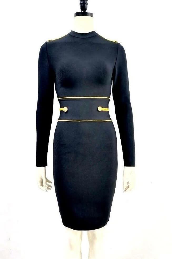 Gold Button Rivet Bandage Black Mini Long Sleeve Dress - Detail