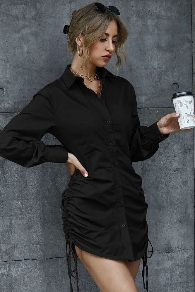 Shirt dress V-neck side pleated lace-up dress - Detail
