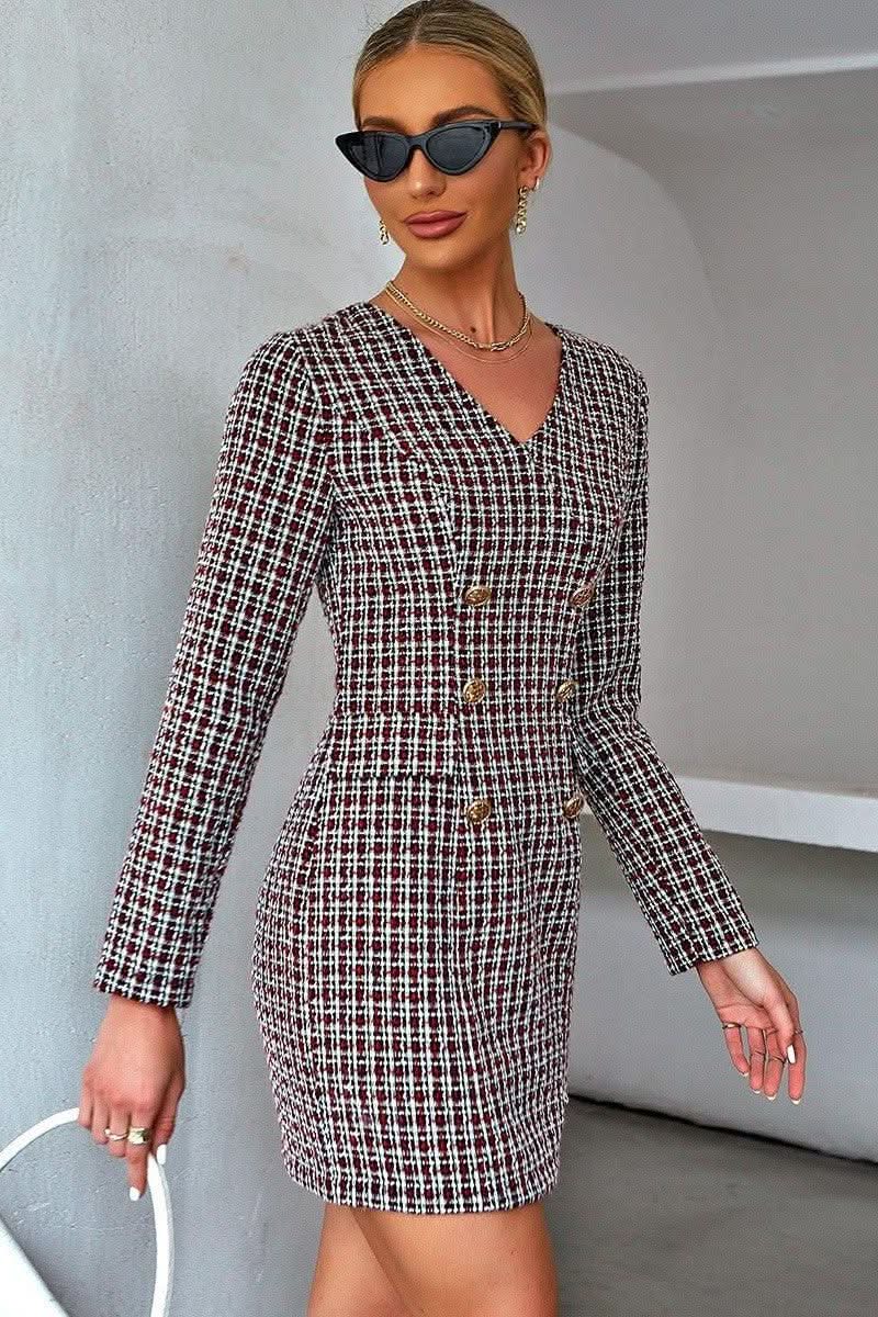 Double-breasted slim waist short dress - Front View
