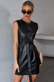 Retro belt  PU leather sleeveless short dress