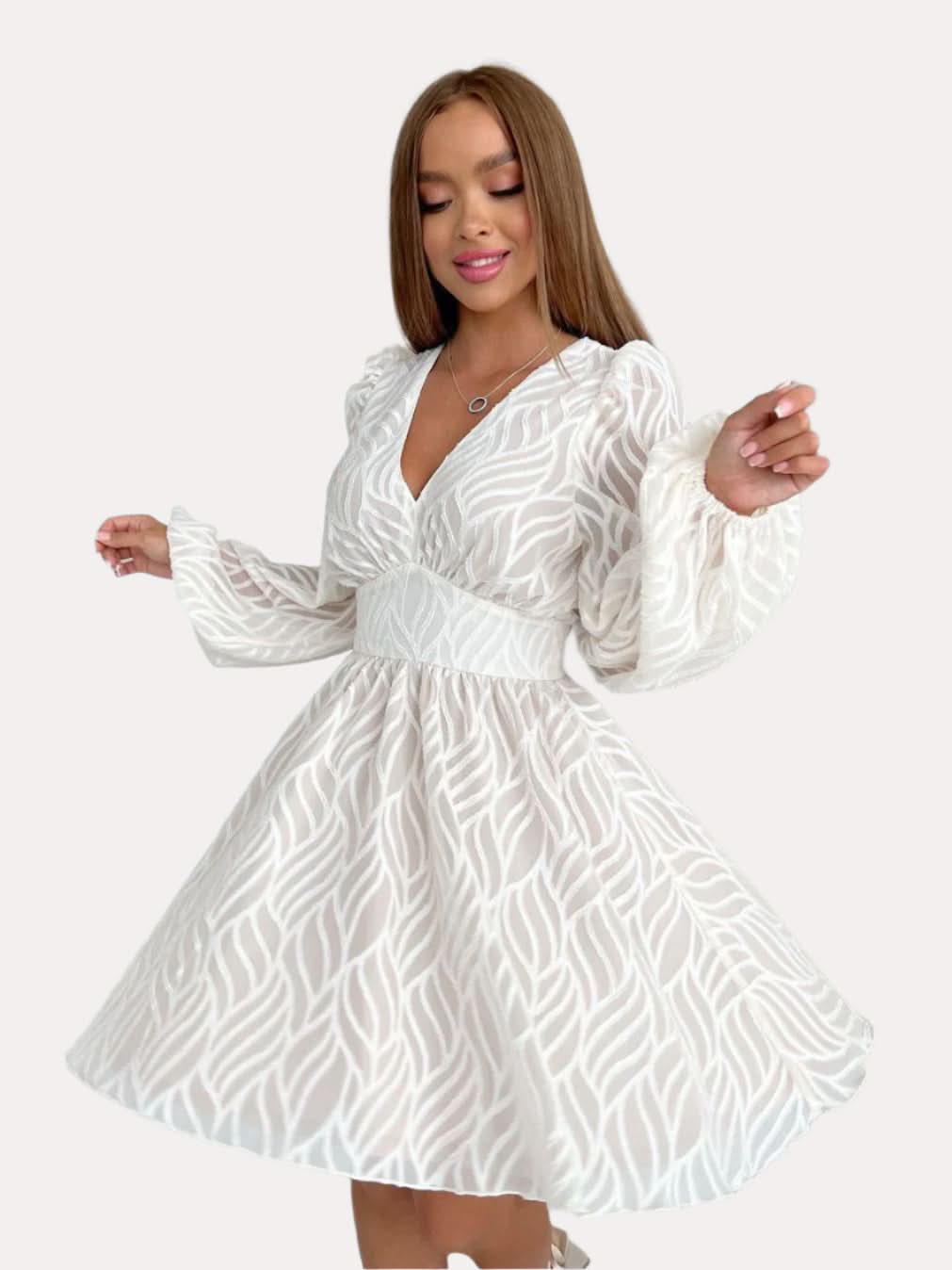 White Hollow Jacquard Lantern Sleeve Dress - Front View