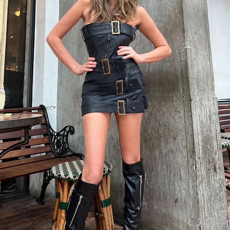 Street Leather Punk Style IrregularTwo-piece Set - Detail
