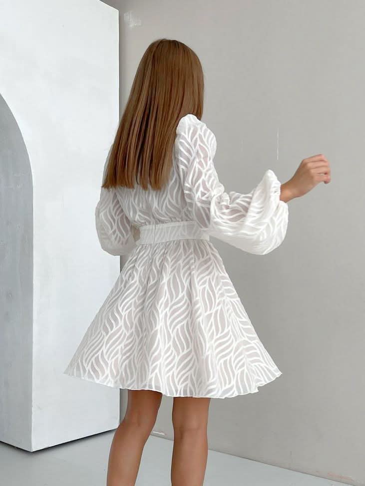 White Hollow Jacquard Lantern Sleeve Dress - Image 6