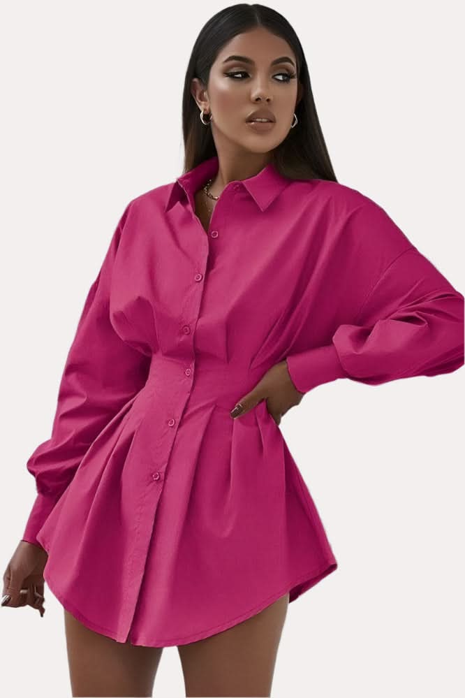 Pleated Rose Red shirt dress - Front View