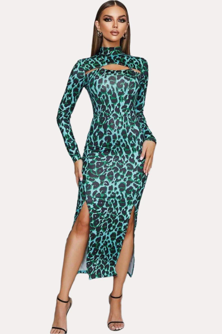 Hollow Leopard Print Thin Body-fitting Long Bandage Dress - Front View