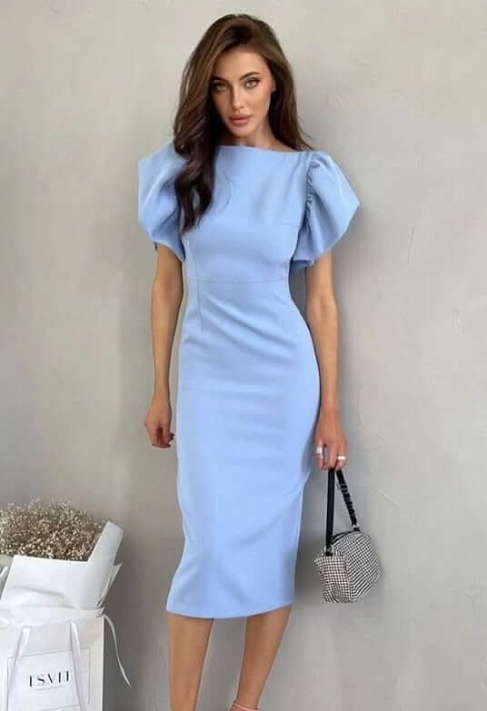 French blue puff sleeve dress - Front View