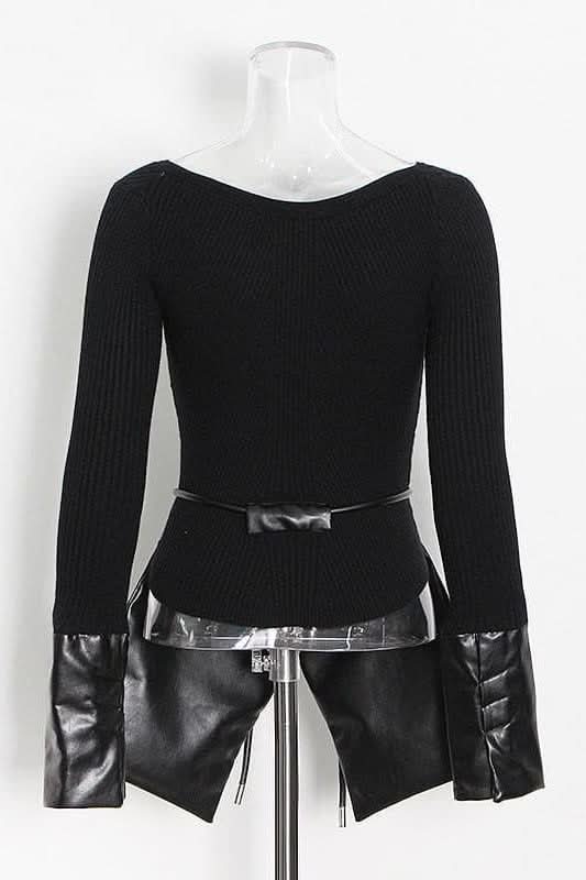 Irregular stitching knitted leather round neck slim sweater - Side View