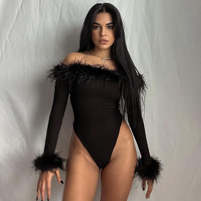 Slim Hairy One-shoulder Long-sleeved bodysuit - Front View