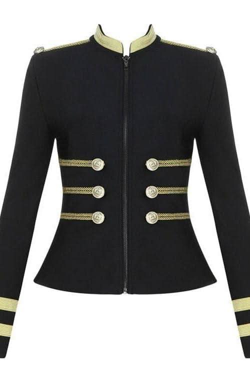 Gold Wire Decorative Buttons Long Sleeve Black Jacket - Detail