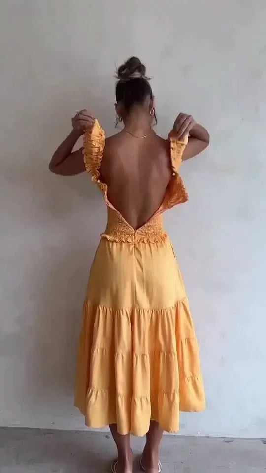 French yellow pleated U-neck dress - Detail