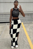 High Waist Slim Slit Bag Hip Checkerboard Skirt