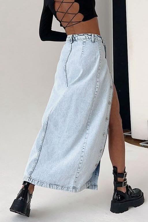American retro slit denim long skirt - Detail