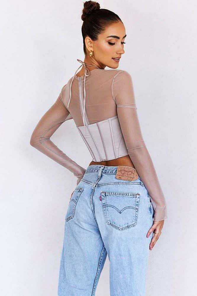 Mesh stitching satin hollow top - Image 4