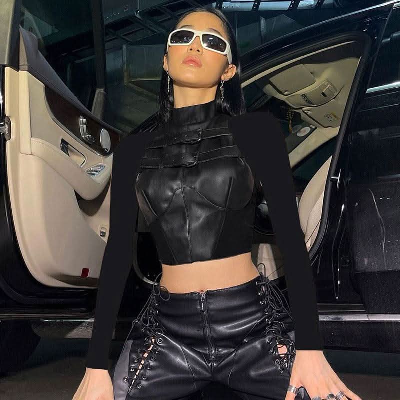 Street Motorcycle Style PU Leather Mesh Stitching T-shirt - Side View