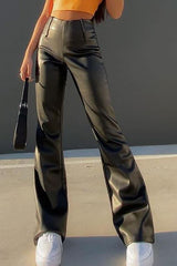 PU high waist flared pants - Black / S