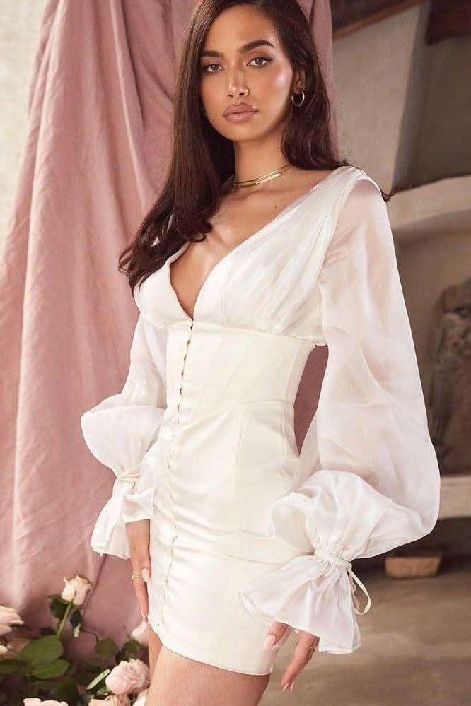 Lantern sleeves deep V waist white slim dress - Image 5