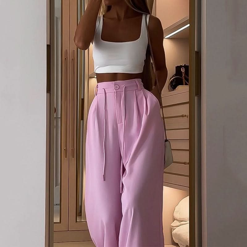 Loose Pink Long Pant and white Crop Top - Front View