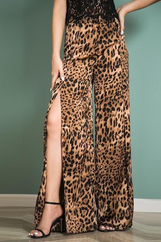 Long Wide Leg Leopard Split Pants - the woman concept