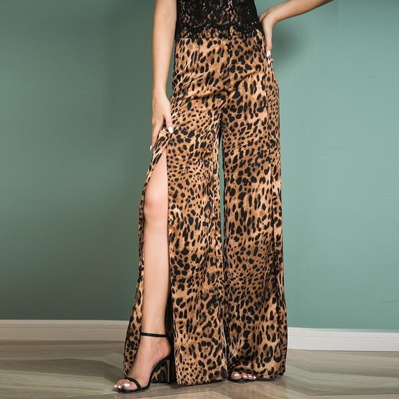 Long Wide Leg Leopard Split Pants - the woman concept